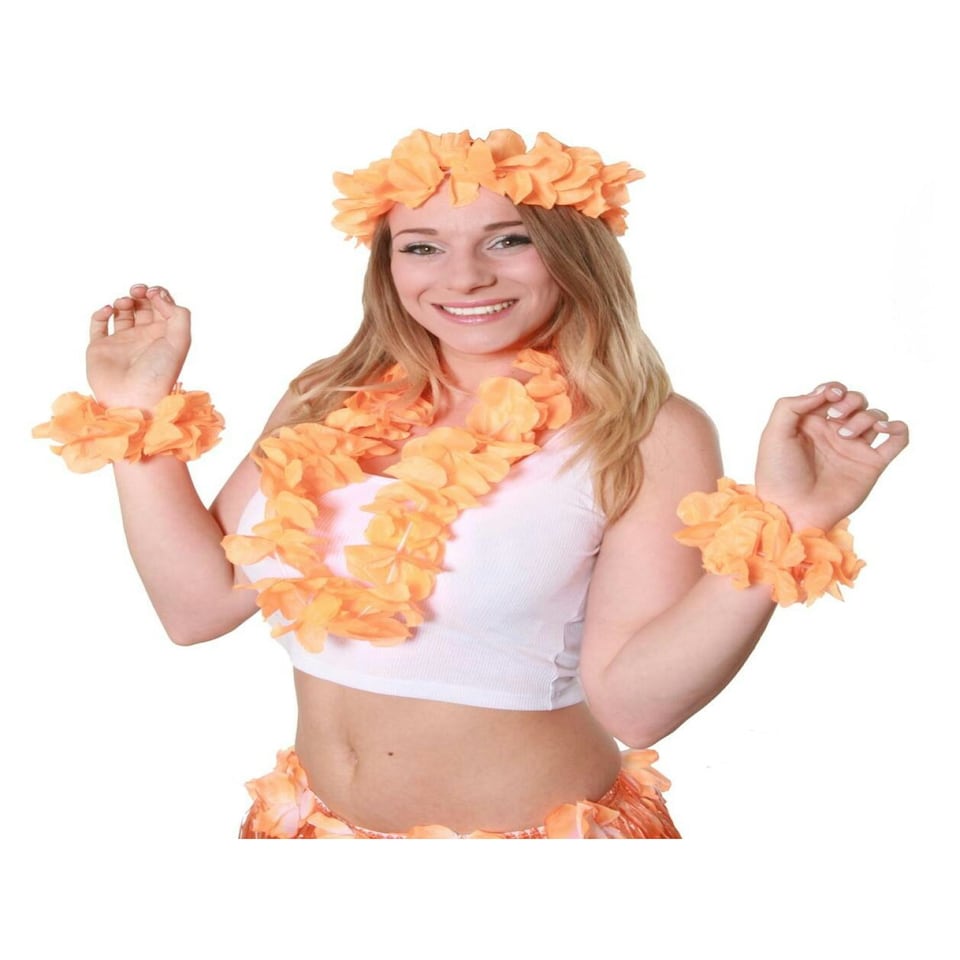 Orange Hawaiian Lei Set – 4 Piece Fancy Dress Flower Necklaces Orange | One Size
