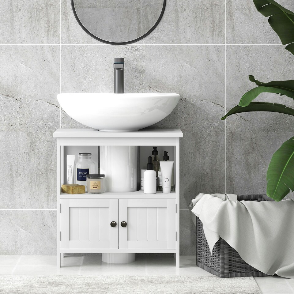 image 1 of kleankin Bathroom Pedestal Under Sink Cabinet with Storage Shelves, Door, White White | White