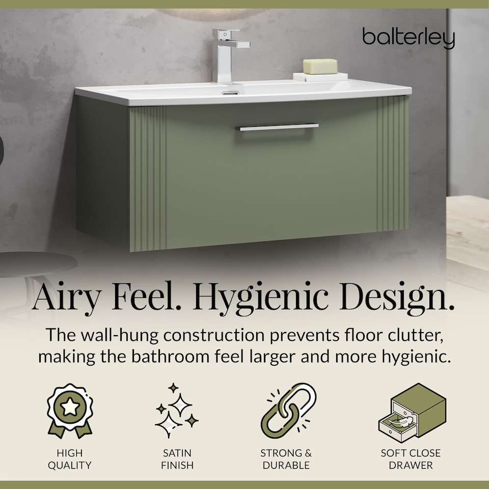 image 1 of Balterley Partial Fluted 1 Drawer Wall Hung Vanity Unit with 1 Tap Hole Curved Basin | Green | Satin Green