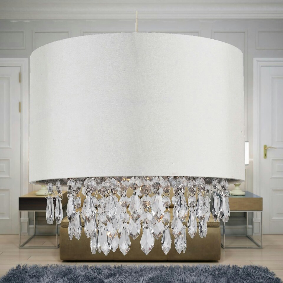 image 1 of First Choice Lighting Set of 2 300mm Cream Faux Silk Easy Fit Shade with Chrome Inner and Clear Droplets Cream | Clear