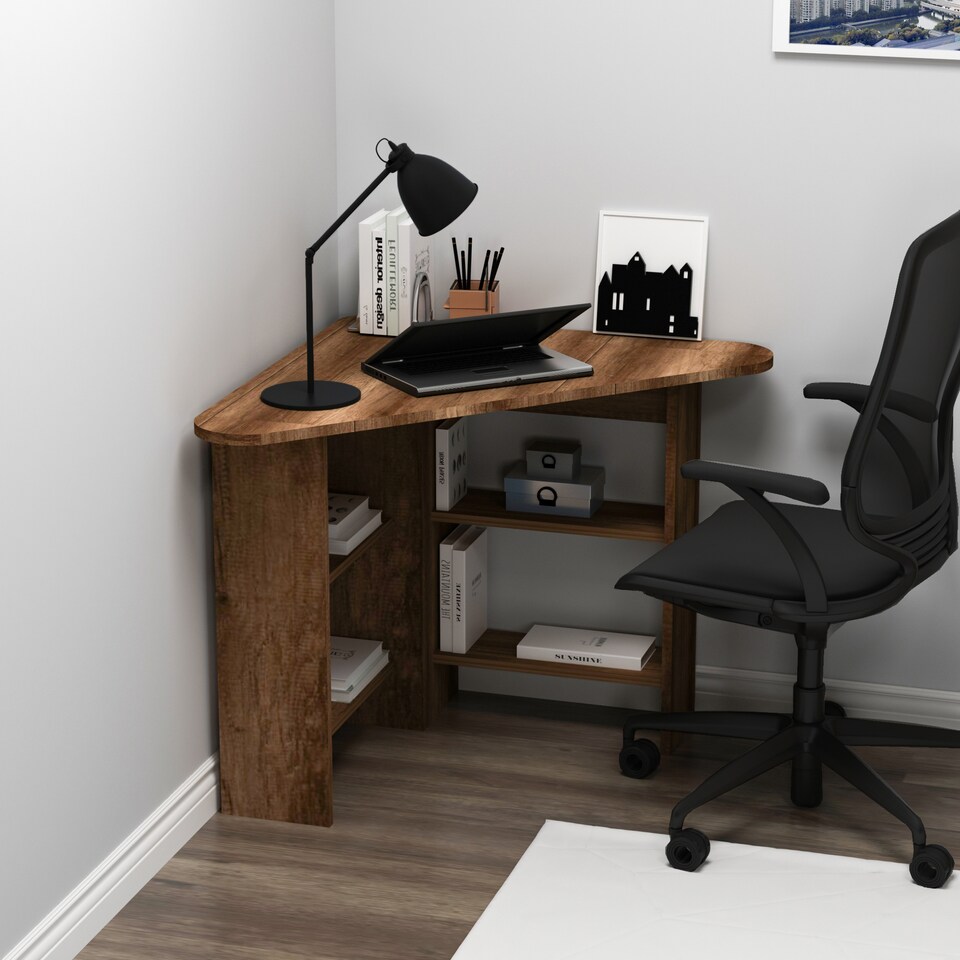 image 1 of Corner Computer Desk with Shelves | Brown | Light Walnut | 1