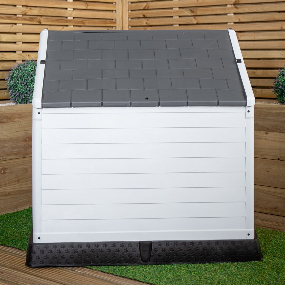 image 1 of 99 x 92cm Samuel Alexander Large Outdoor Plastic Dog House with Raised Bed | Grey | Grey