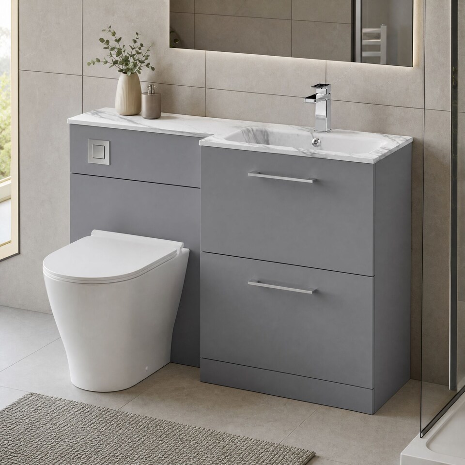image 1 of Balterley Bramshall Contemporary Floor Standing 2 Drawer Vanity Basin WC Combination Unit, Carrera Marble Stone Basin, Right Hand, 1100mm, Satin Grey