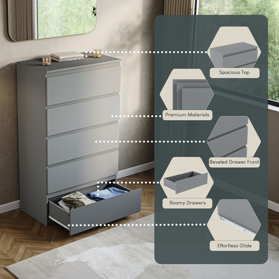 image 1 of Vida Designs Denver 5 Drawer Chest of Drawers Bedroom Storage, Grey