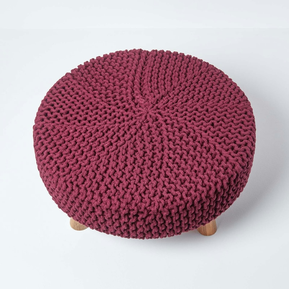 image 1 of Homescapes Plum Large Round Cotton Knitted Footstool on Legs