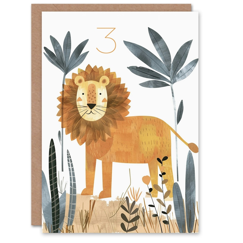 image 1 of 3rd Cute Jungle Lion Fun Drawing Kids Age 3 Year Old Child Birthday Card