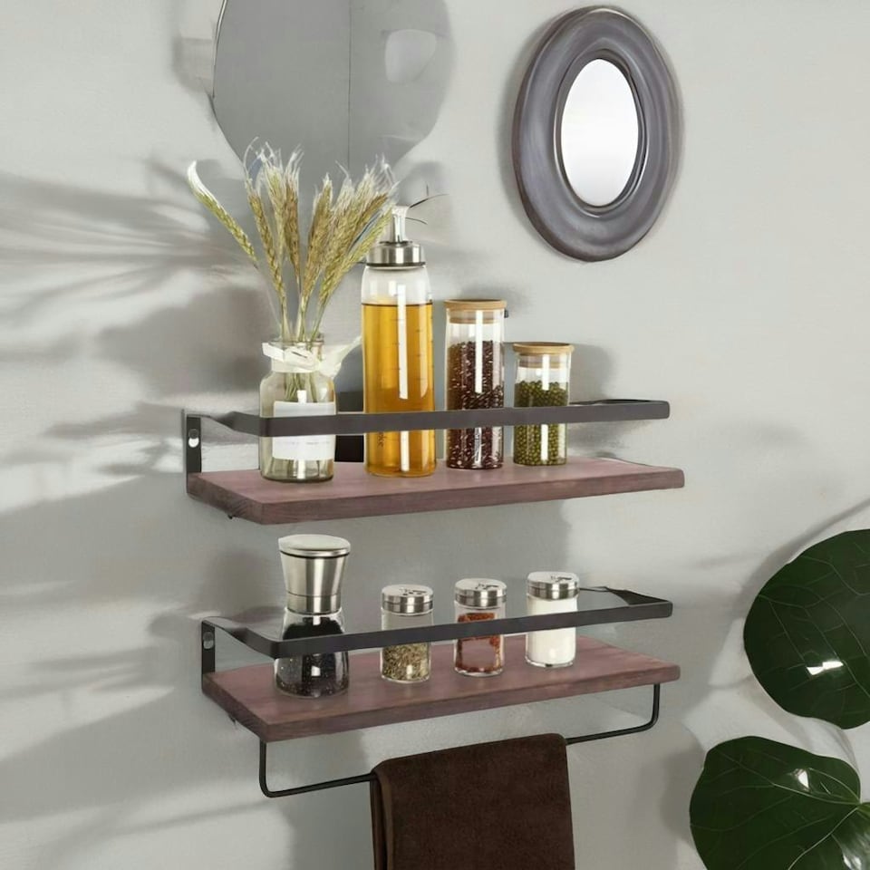 image 1 of Industrial 2PC Tier Wooden Floating Shelves with Hanging Rail Brown