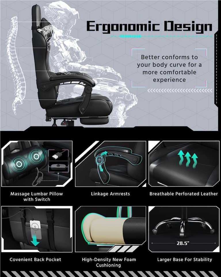 image 1 of Yaheetech Ergonomic Computer Chair with Massage Lumbar Pillow | Black