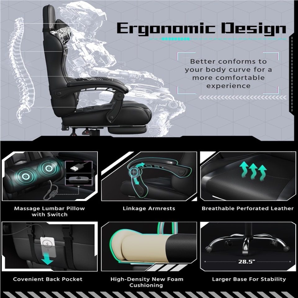 image 1 of Yaheetech Ergonomic Computer Chair with Massage Lumbar Pillow Black