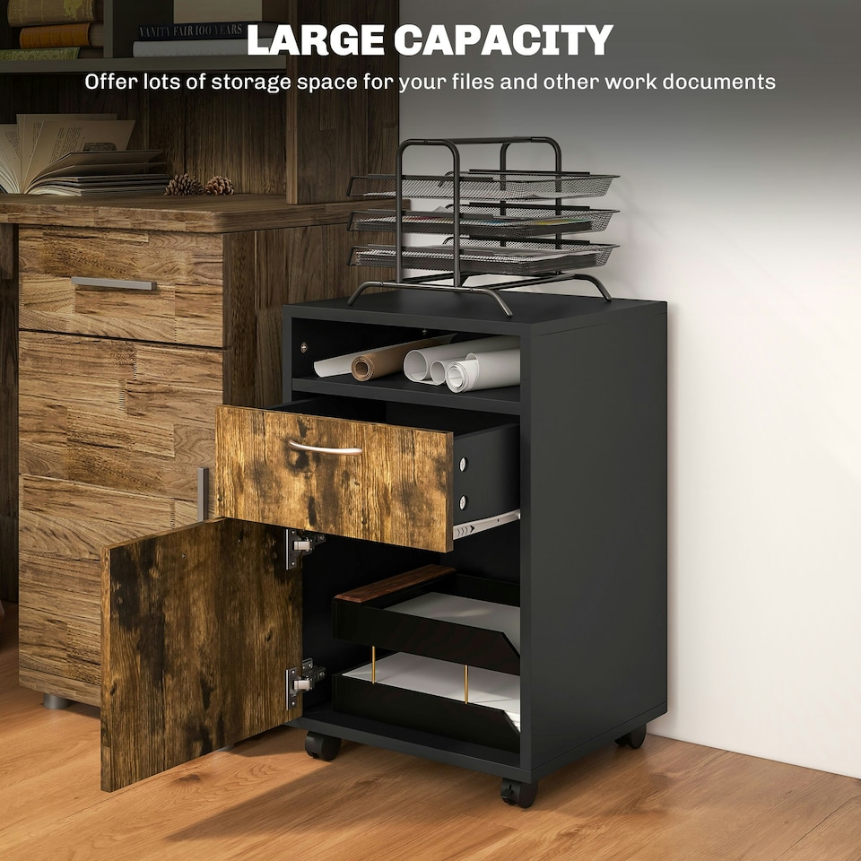 image 1 of HOMCOM 60cm Filing Cabinet with Drawers and Open Shelf, Rustic Brown