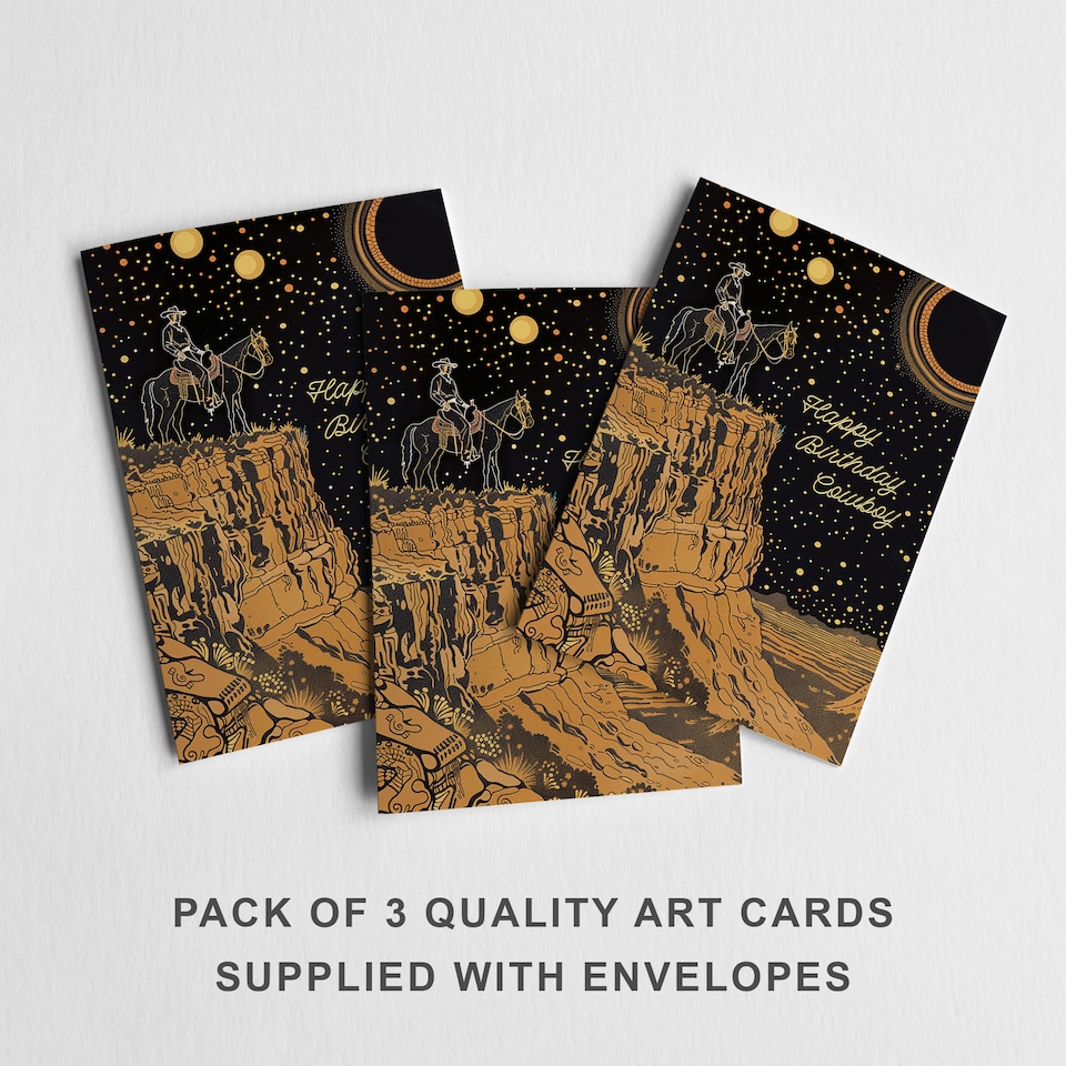 image 1 of Cowboy Canyon Birthday Card Folk Art Horse Ride Set of 3 Greeting Cards Blank
