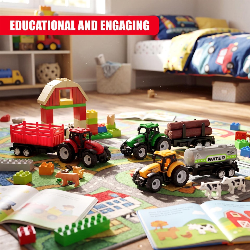 image 1 of The Magic Toy Shop Farm Tractor Trailer Toy Set Durable Plastic Playset for Kids Fun