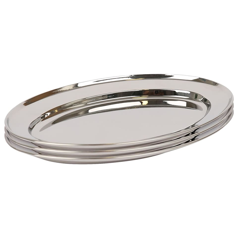 image 1 of Argon Tableware 3x Oval Serving Platters - 35 x 24cm - Stainless Steel Dinner Tray Oval Plate Small Appetizer Serving Dishes | Silver | Silver | 35 x 24 x 2 CM | 3