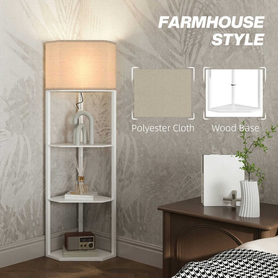 image 1 of HOMCOM Corner Modern Floor Lamp with Shelves for Living Room, Bedroom, White