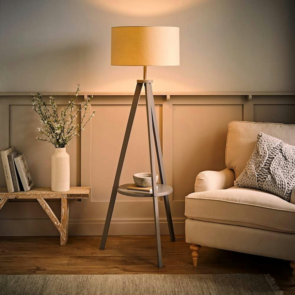 image 1 of ValueLights Morrigan Natural Shade Grey Wood Tripod Floor Lamp | Cream
