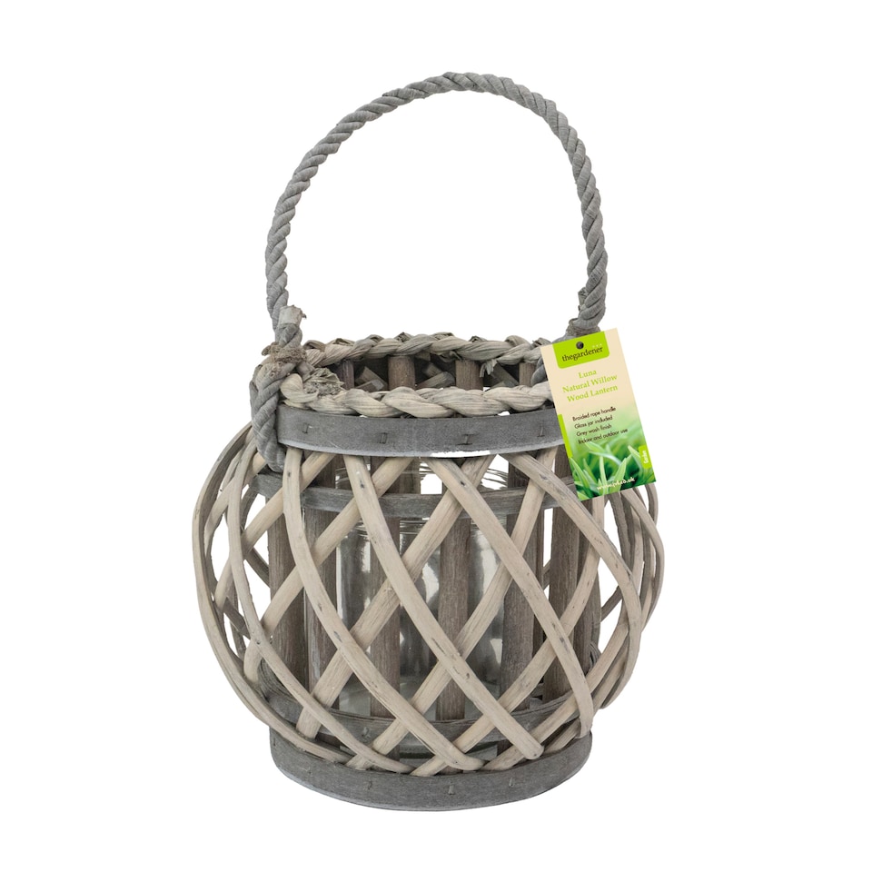 image 1 of JVL Luna Natural Round Willow Wood Lantern With Braided Rope Handle, Grey Wash