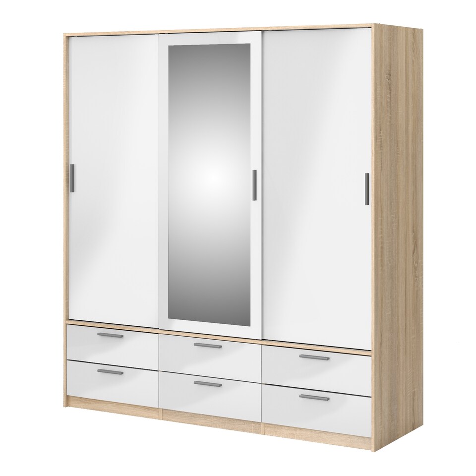 image 1 of Line Wardrobe 3 Doors 6 Drawers in Oak with White High Gloss