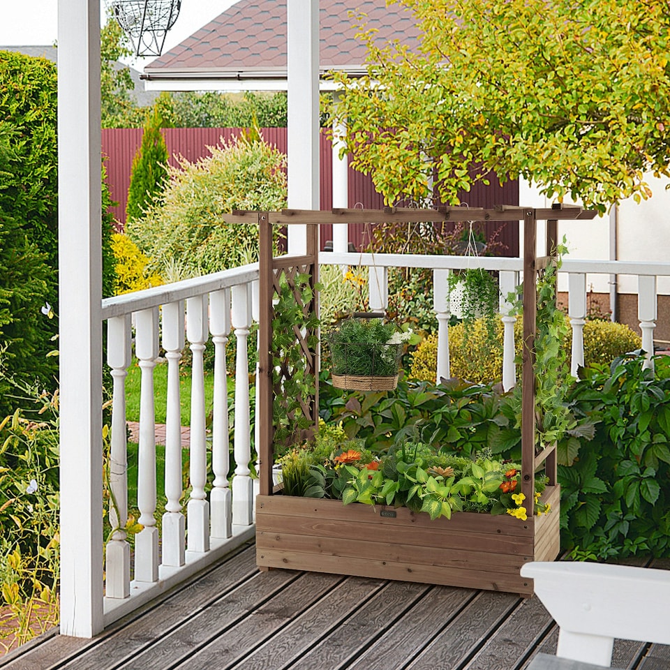 image 1 of COSTWAY Raised Garden Bed Planter Box w/ Trellis Coffee Brown