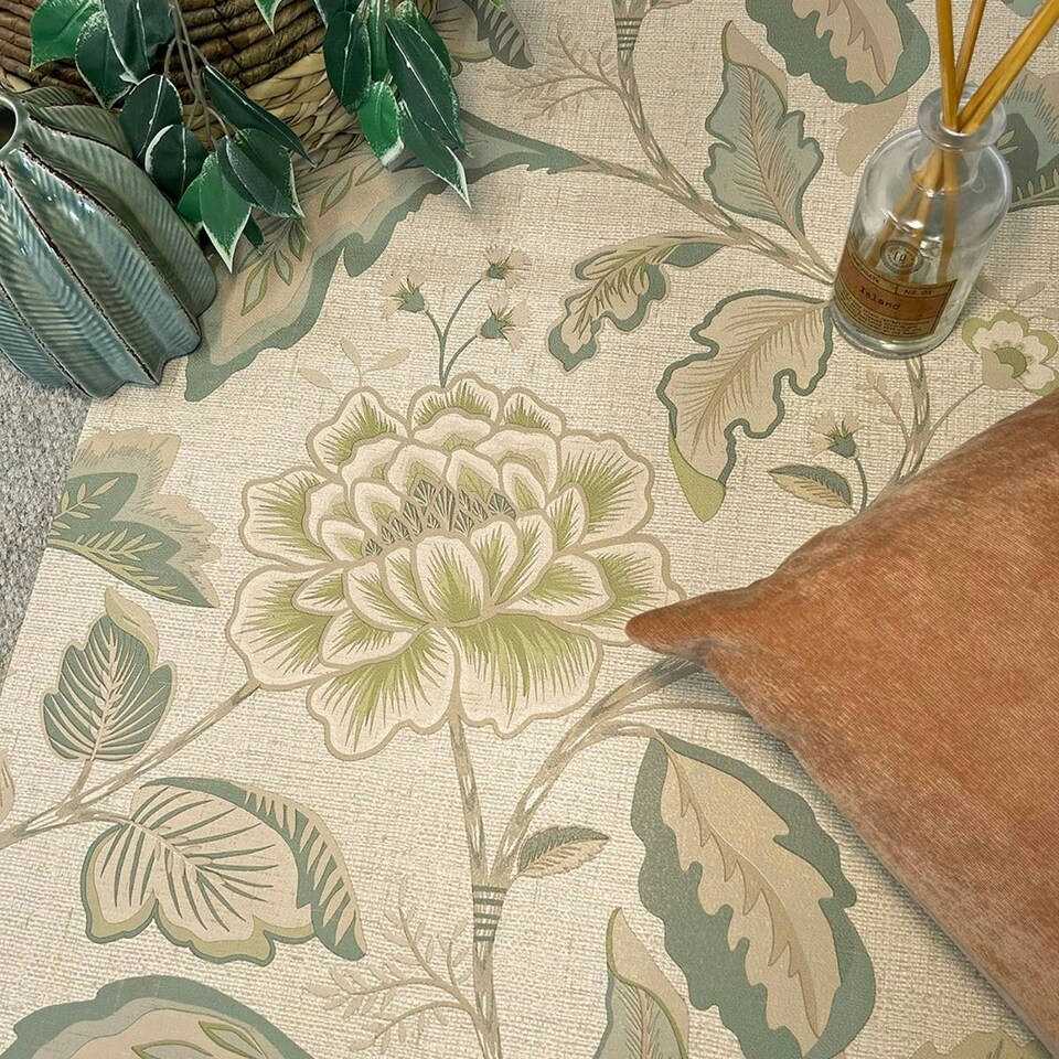 image 1 of Belgravia Maya Floral Trail Vinyl Textured Wallpaper - Sage/Cream - 10m x 53cm | Green