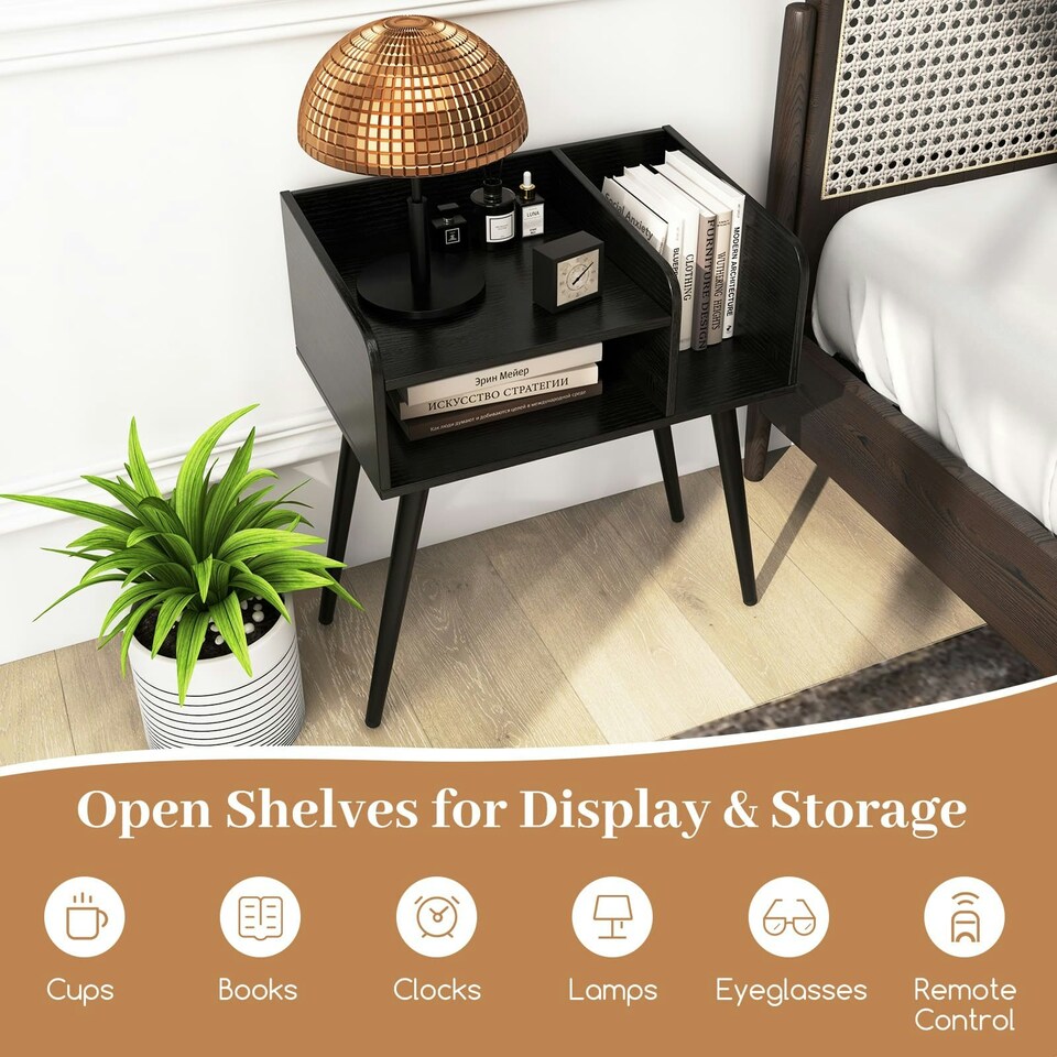 image 1 of COSTWAY Modern Nightstand 2-Tier Bedside Table Black Black