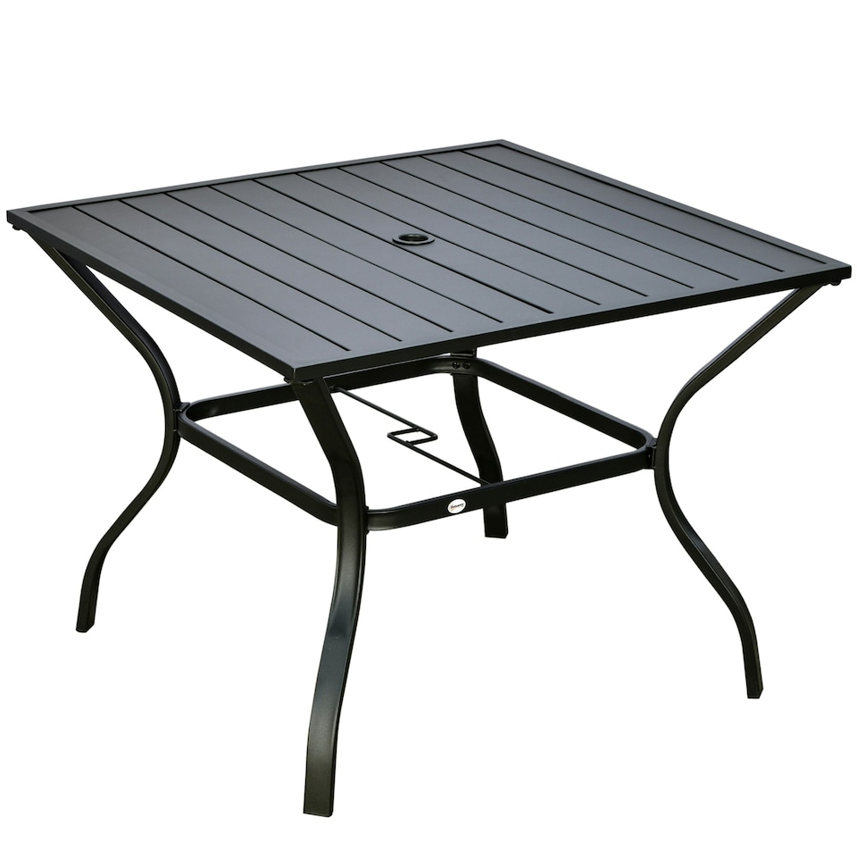 image 1 of Outsunny Garden Table with Parasol Hole for Four, Slatted Metal Plate
