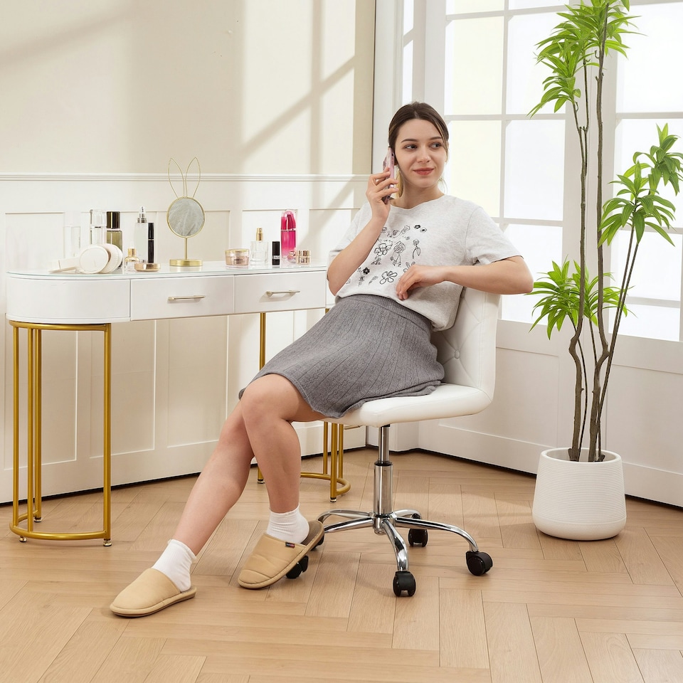 image 1 of HOMCOM Modern Vanity Computer Desk Chair with Rolling Wheels, White White