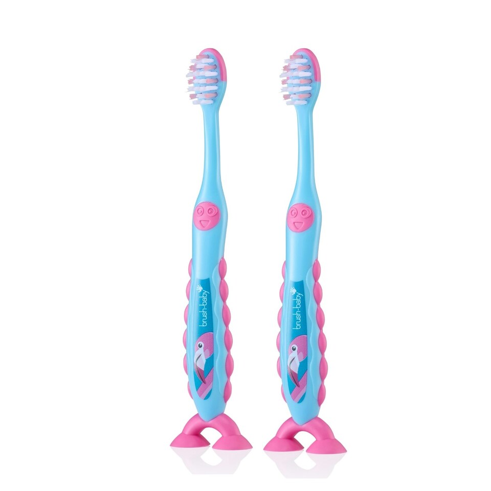 image 1 of Brush Baby Flamingo FlossBrush™ Bristles Toothbrushes Double Pack (3-6 Years)
