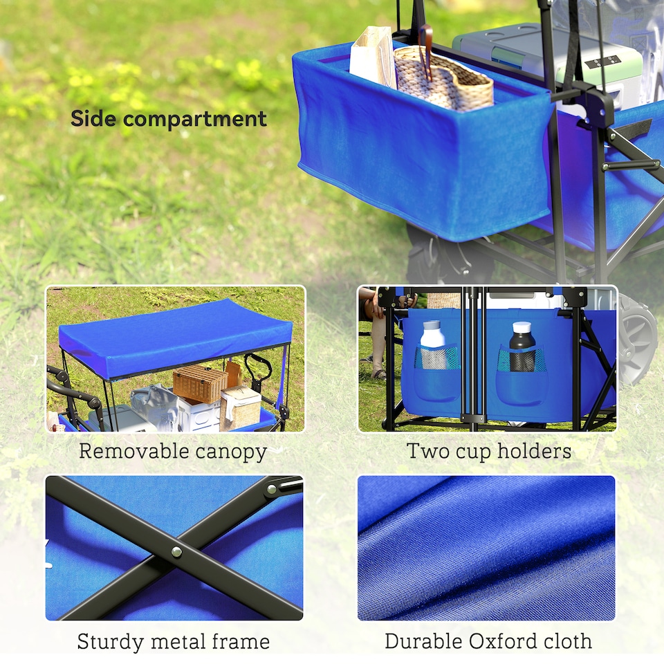 image 1 of Outsunny Outdoor Push Pull Wagon Stroller Cart w Canopy Top Blue