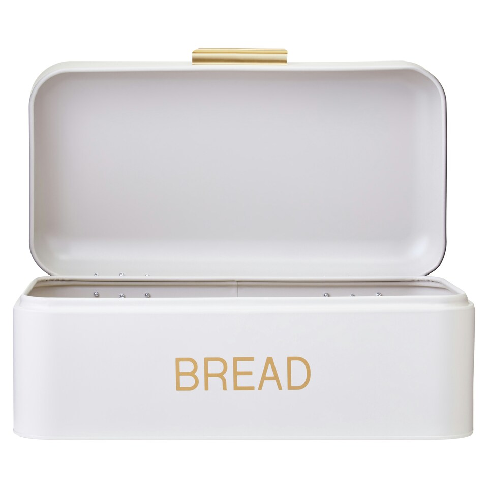 image 1 of Interiors by Premier Matte Cream Bread Bin with Gold Handle, Tin Bread Storage Box for Kitchen, Large Capacity Bread Container White