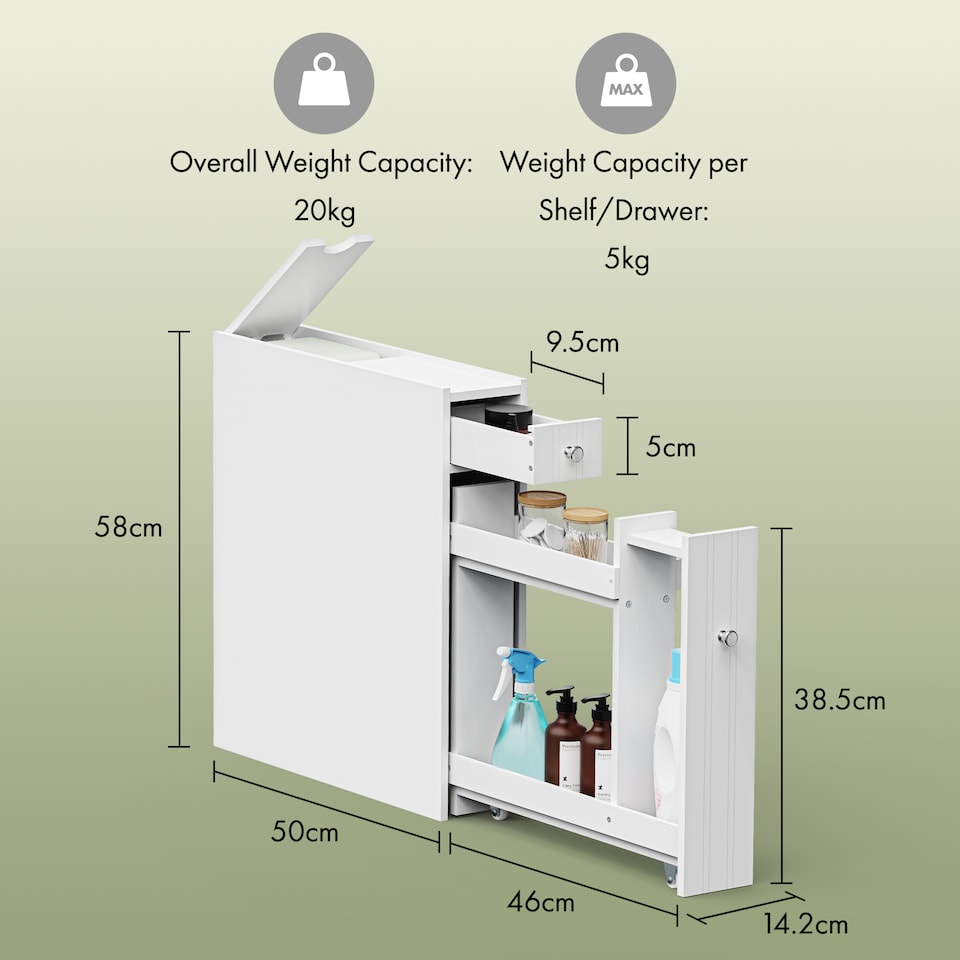 image 1 of VonHaus Holbrook White Slim Bathroom Storage Unit with Drawers