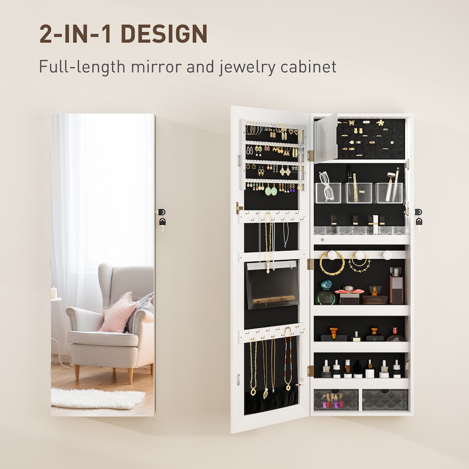 image 1 of HOMCOM Jewellery Cabinet with LED Lights, Door Hanging or Wall Mounted Full Length Mirror with Storage, Lockable Jewellery Organiser, White Surface and Black Lining | White | White Surface and Black Lining