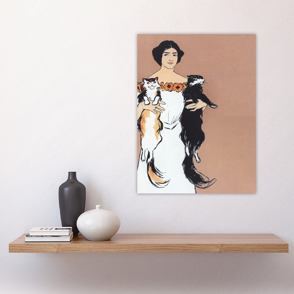 image 1 of Woman Holding Two Cats Drawing Vintage Wall Art Print Penfield 18x24"