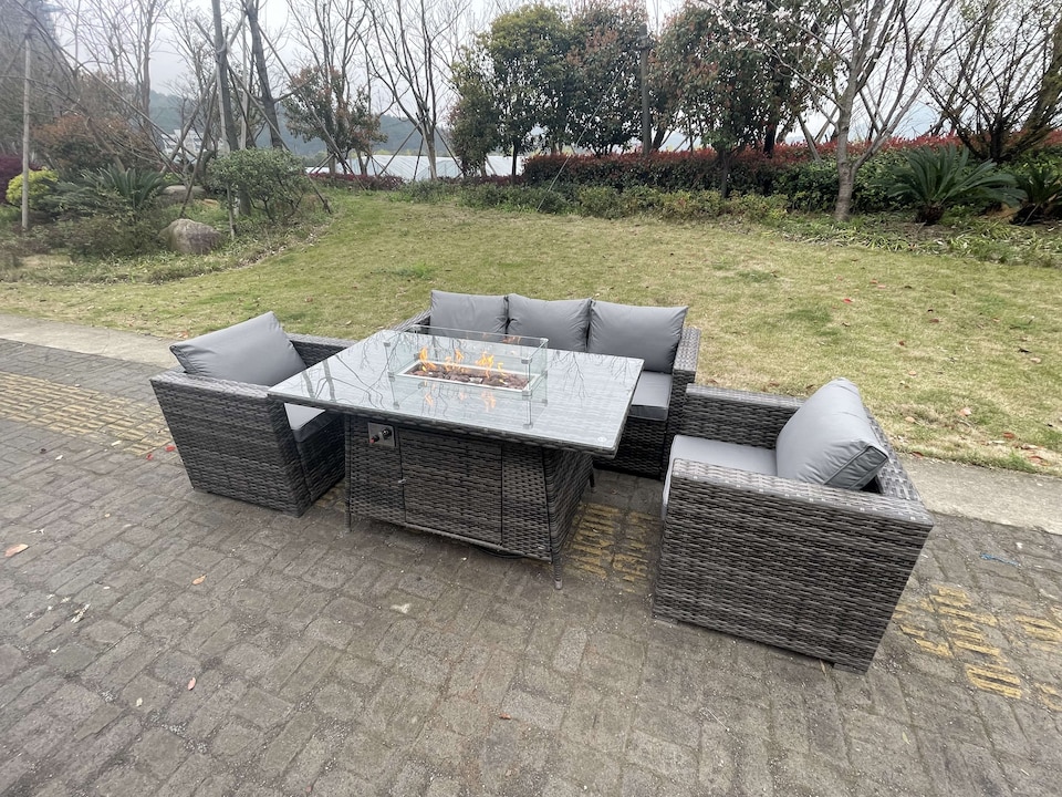 image 1 of Fimous 5 Seater Outdoor PE Rattan Garden Furniture Gas Fire Pit Dining Table Lounge Sofa 2 PC Armchairs Dark Grey Mixed Patio