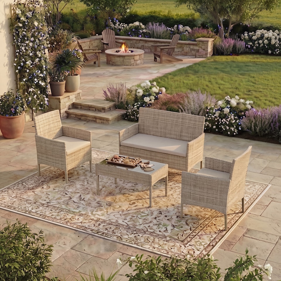 image 1 of Garden Vida Kendal 4 Seater Rattan Set Chair Sofa Coffee Table Outdoor Garden Furniture, Natural