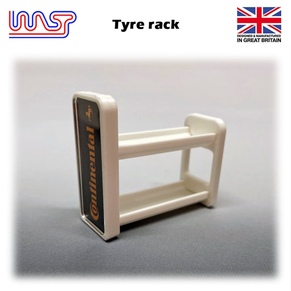 image 1 of Slot Car Scenery Track Side Tyre Wheel Rack White with Logos 1:32 WASP