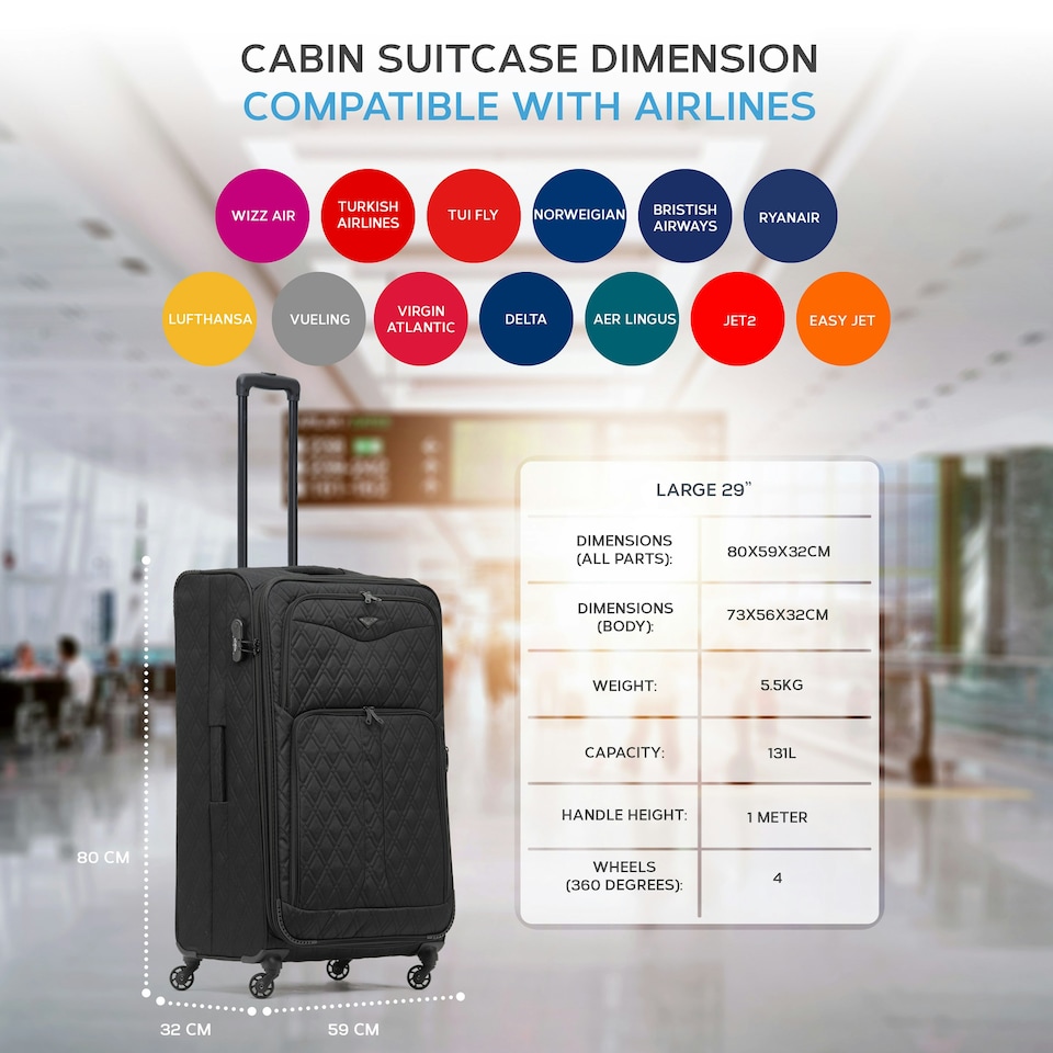 image 1 of Flight Knight Lightweight 4 Wheel 800D Soft Case Quilted Suitcases Anti Crack Cabin & Hold Luggage Options - 100+ Airlines Approved - easyJet, BA & Many More! | Black | Large