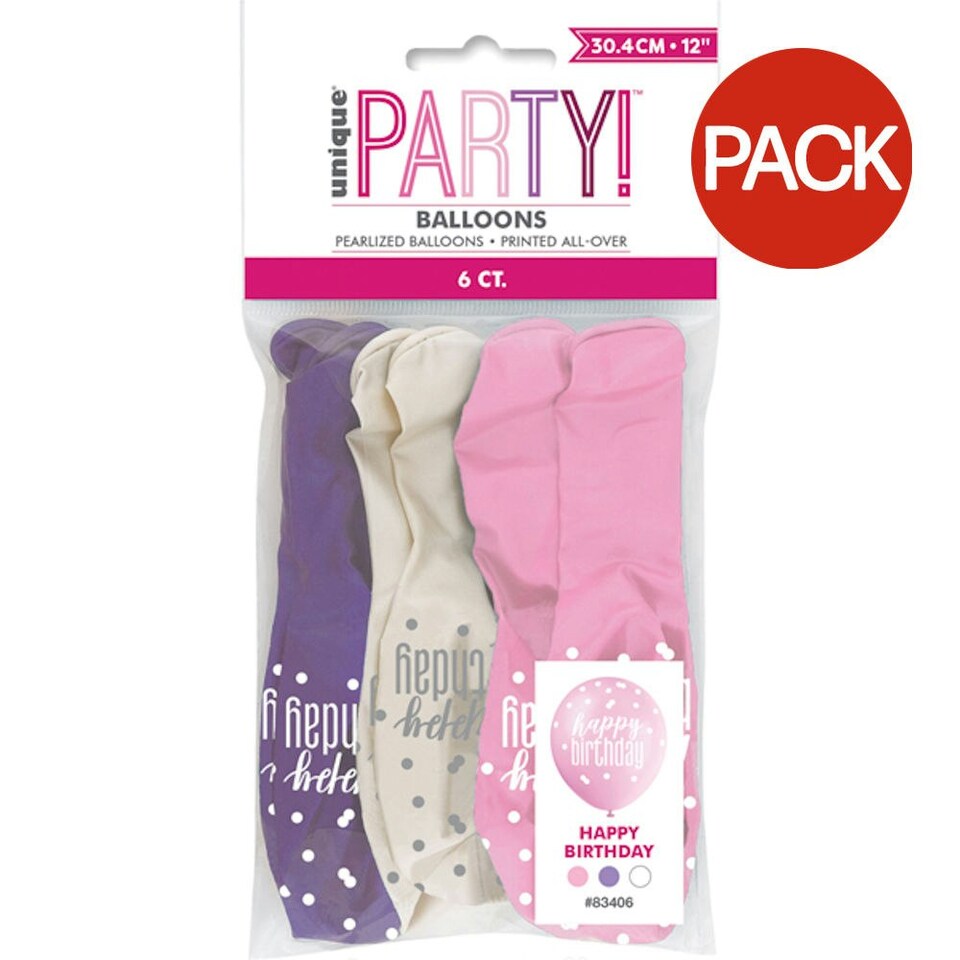 Unique Party Happy Birthday Glitz Latex Balloons (5 x Pack of 6) - Pink/Purple/White - One Size