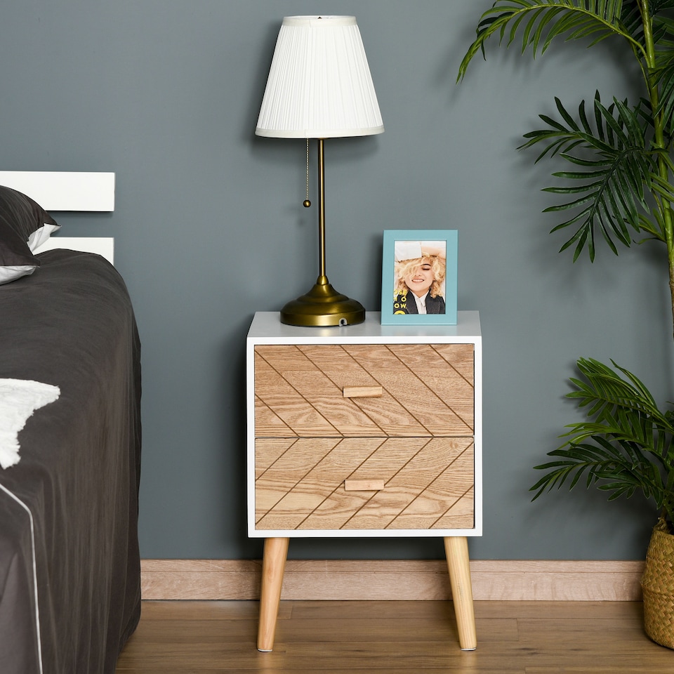 image 1 of HOMCOM 2 Drawers Bedside Table with Pine Legs, Bedroom Wooden Storage Cabinet, Natural