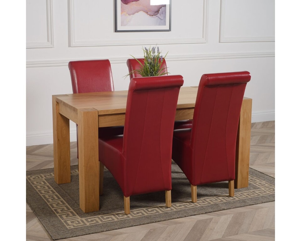 image 1 of Kuba 150 x 85cm Chunky Medium Oak Dining Table and 4 Montana Leather Chairs | Red | Red