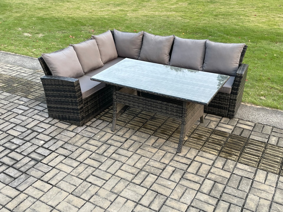 image 1 of Fimous 6 Seater Garden Rattan Furniture Corner Dining Set Rectangular Dining Table Indoor Outdoor Lounge Sofa Set Dark Grey Mixed