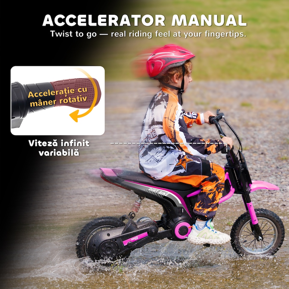 image 1 of HOMCOM 24V Kids Electric Motorbike with Twist Grip Throttle, Music, Horn, 12 Pneumatic Tyres, Max Speed 16kmithh, for Ages 8-12 Years - Pink