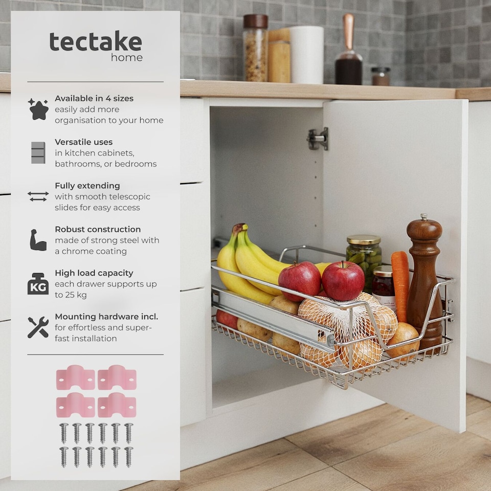 image 1 of Drawer with Telescopic Runners - chrome finish, adjustable width, with full extension | Grey | grey | 40 cm | 1