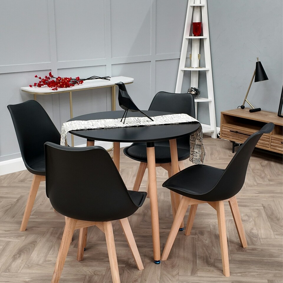 image 1 of Set of 6 Scandinavian Dining Chairs with Leather Cushions Solid Wood Legs Black