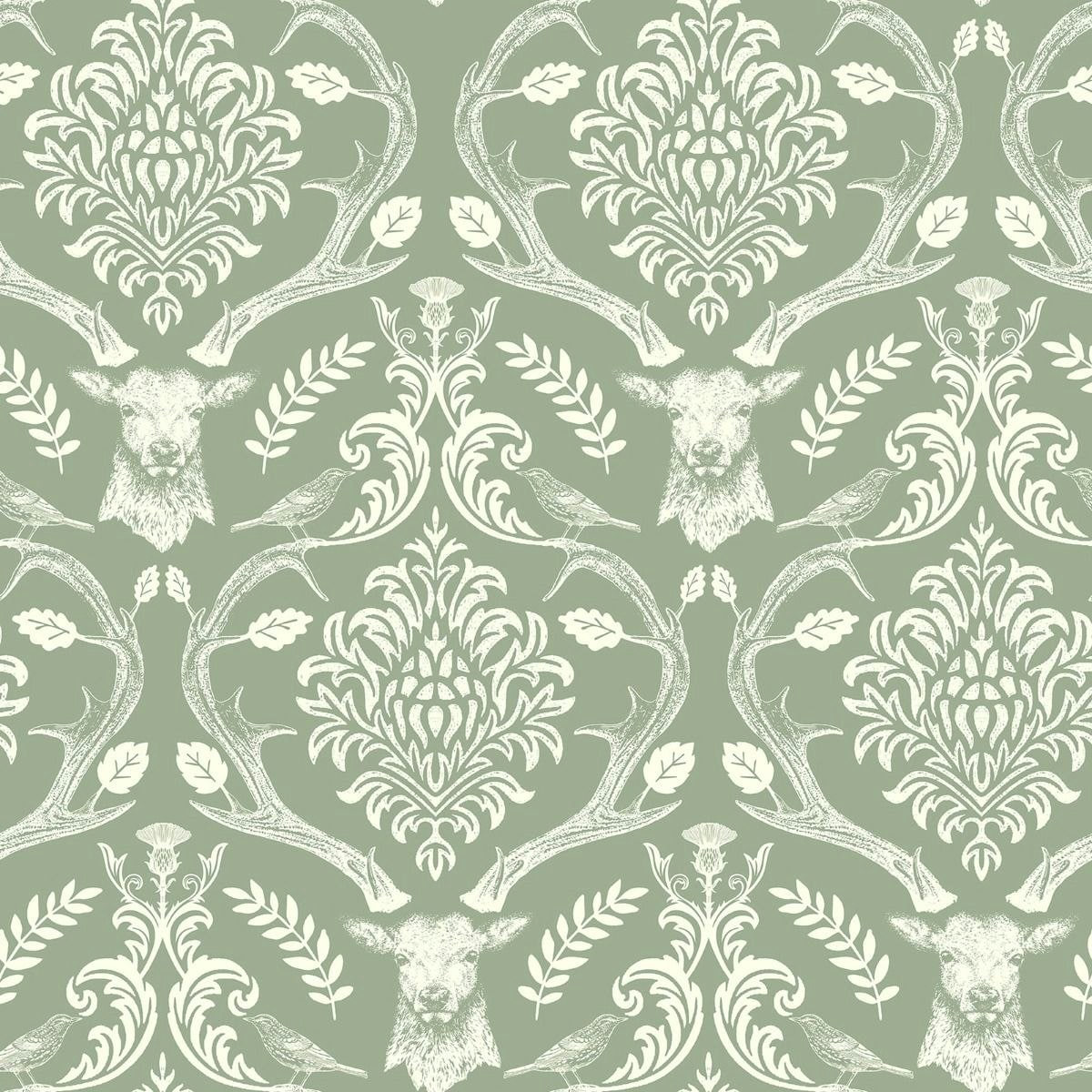 Arthouse Stag Damask Wallpaper - Sage Green - 10m x 0.5m Green