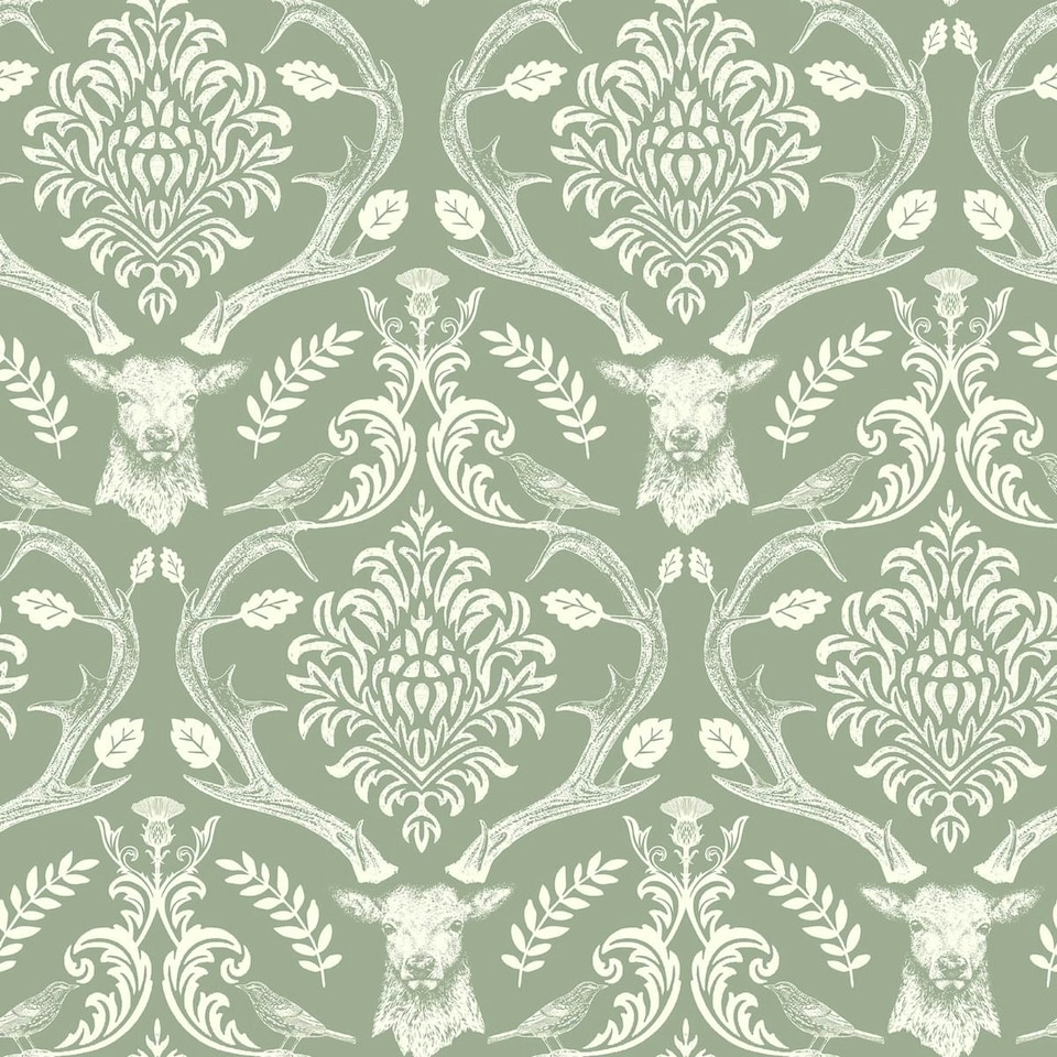 image 1 of Arthouse Stag Damask Wallpaper - Sage Green - 10m x 0.5m | Green
