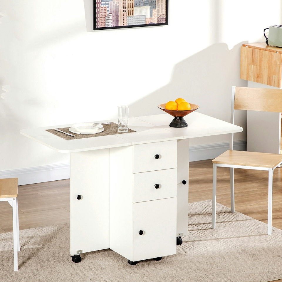 image 1 of HOMCOM Folding Dining Table, Drop Leaf Table With Storage Drawers