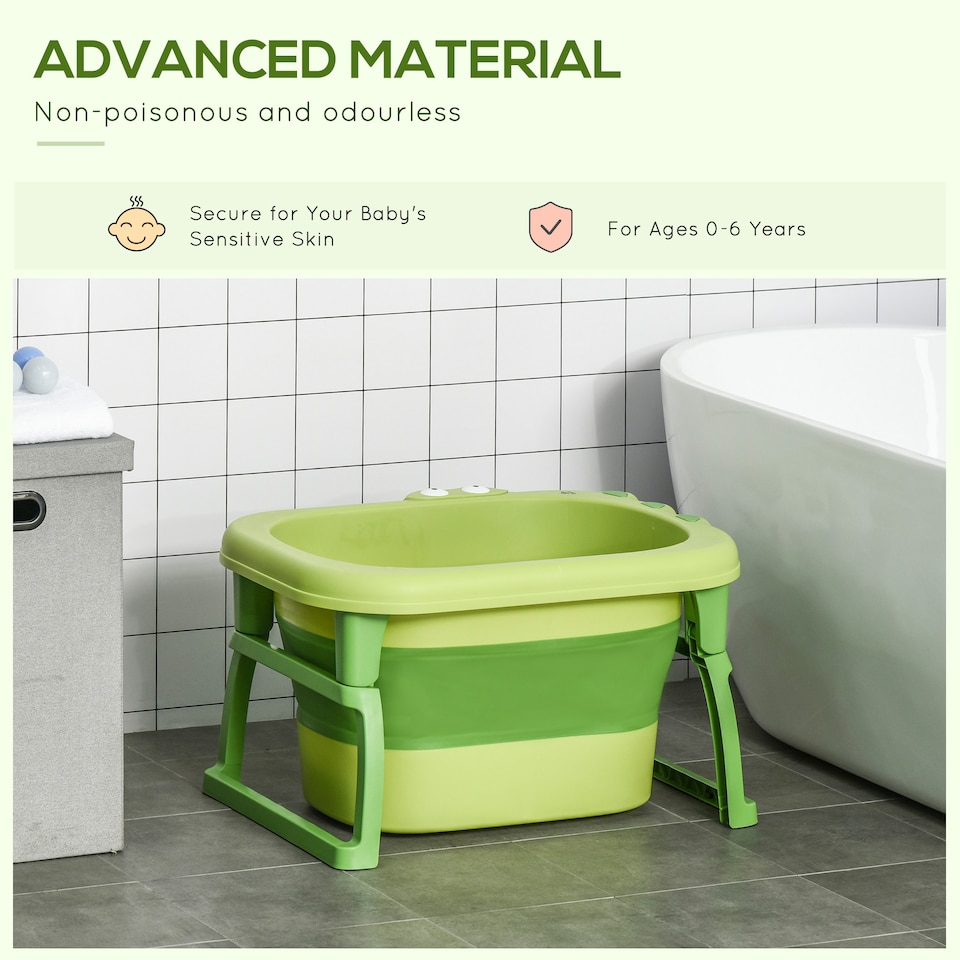 image 1 of HOMCOM Foldable Baby Bathtub for Newborns Infants Toddlers w Stool - Green
