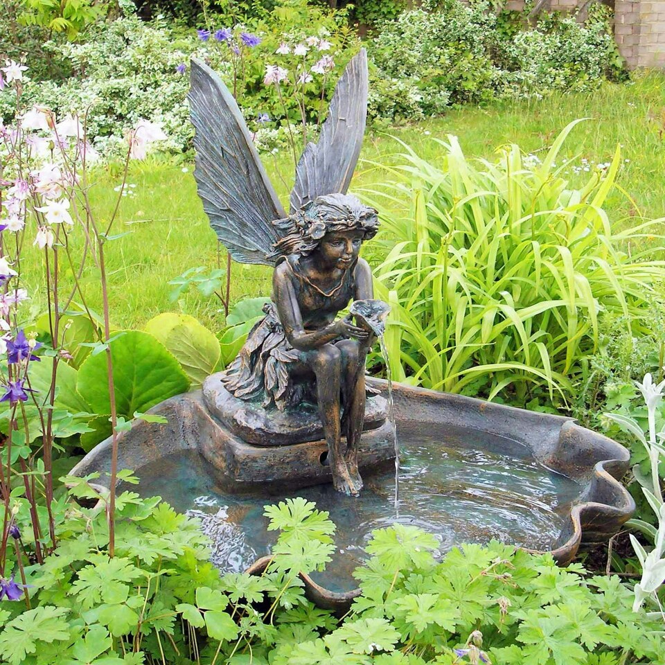 image 1 of Primrose Fairy on Clam Shell Solar Powered Water Feature Fountain 78cm