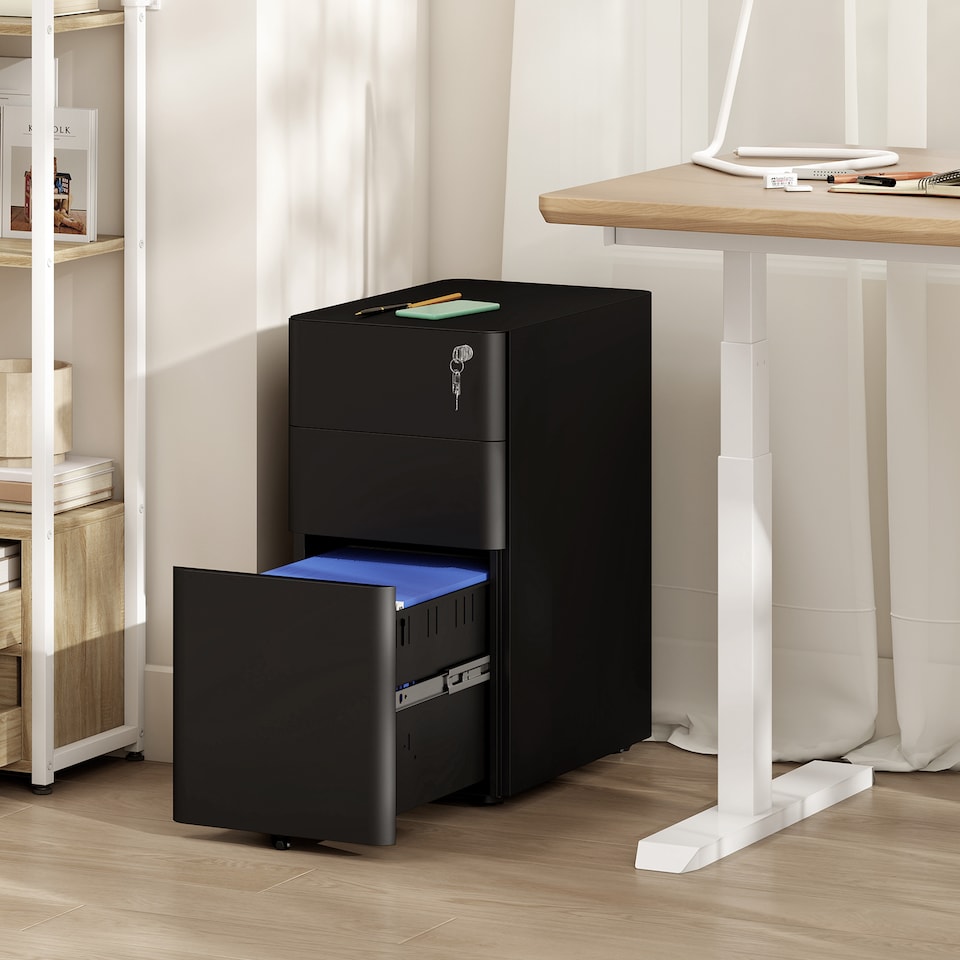 image 1 of Vinsetto 3-Drawer Mobile Filing Cabinet, Lockable Metal File Cabinet with 5 Wheels for A4 Legal Letter Sized Documents, Hanging File Folders, Under Desk, Pre-Assembled Body, 30 x 45 x 59 cm, Black | Black | Black