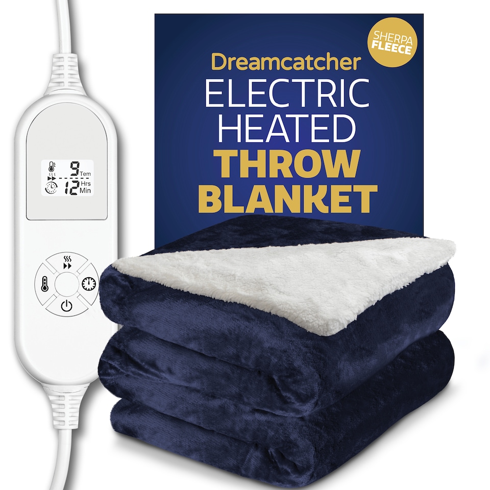 image 1 of Dreamcatcher Navy Blue Soft Microfleece & Sherpa Electric Blanket Heated Throw 160x120cm | Blue | Blue | One Size | 1